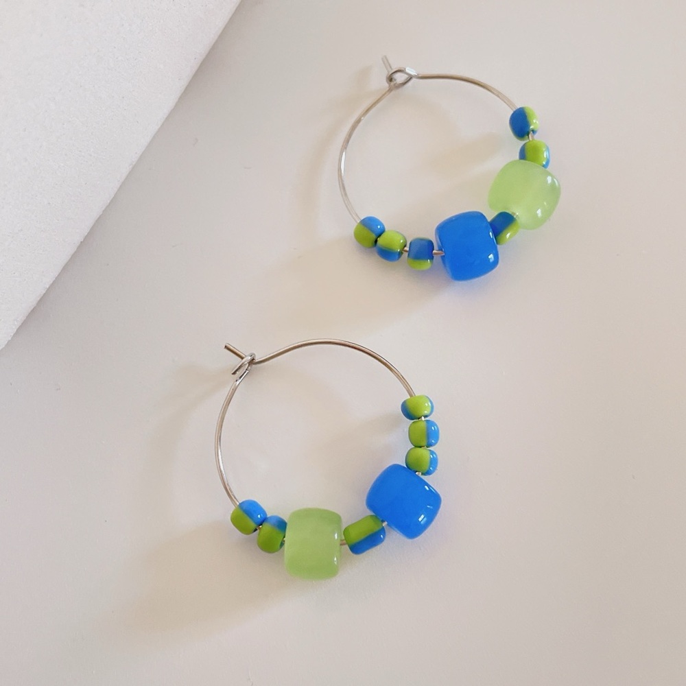 Green and blue glass beaded hoop earrings